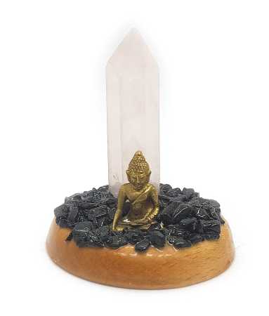 Buddha mit Rosenquarz Spitze und Onyx in Holzgefäß